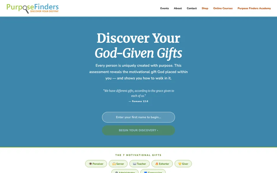 Purpose Finders App website home page