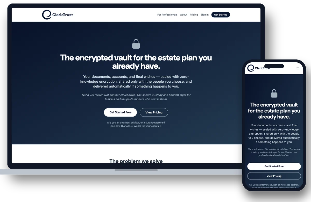 ClarioTrust website on a laptop and a phone: “The encrypted vault for the estate plan you already have.”