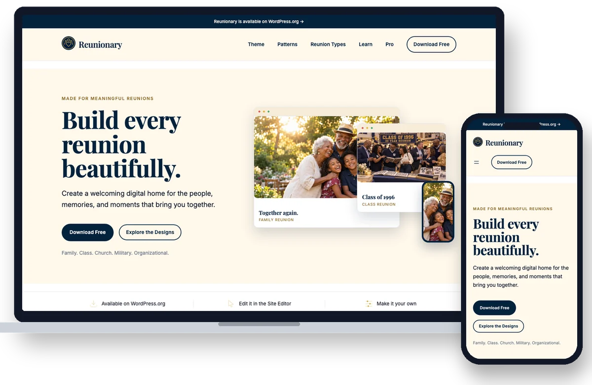 Reunionary website on a laptop and a phone: “Build every reunion beautifully.”